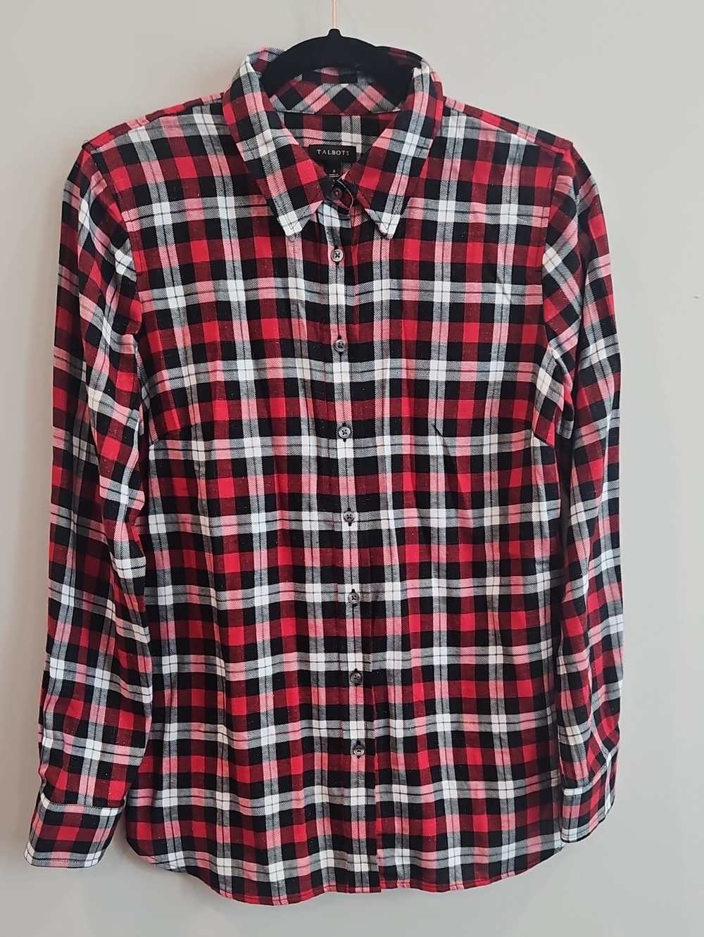 Talbots Holiday Shimmer Plaid Long-Sleeve Button-Down Flannel Shirt Size Small